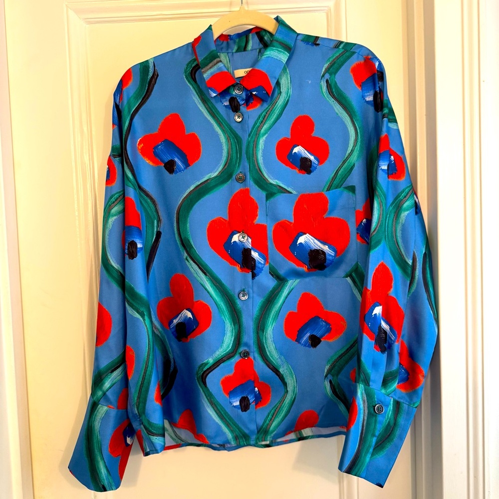 ODEEH Colorful Floral Silk Blouse - Blue Size 40 (L)